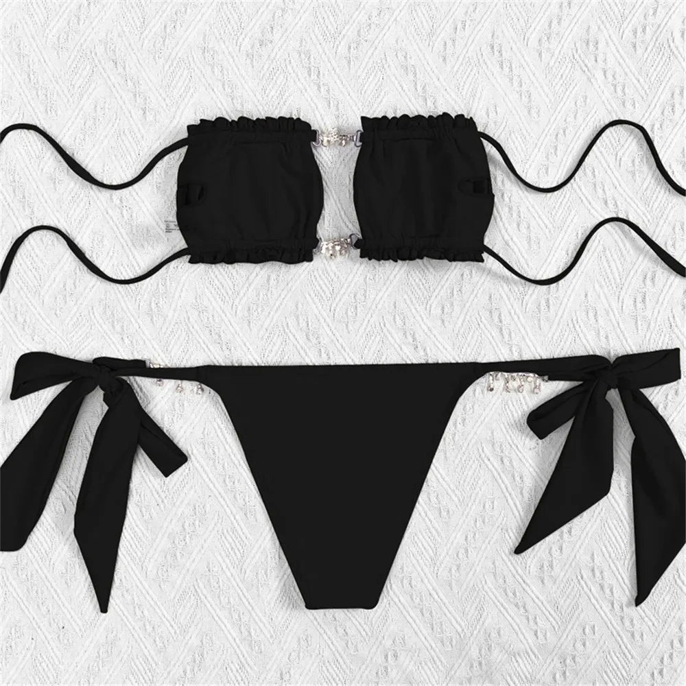 Rhinestone Chain Micro Thong Bikini