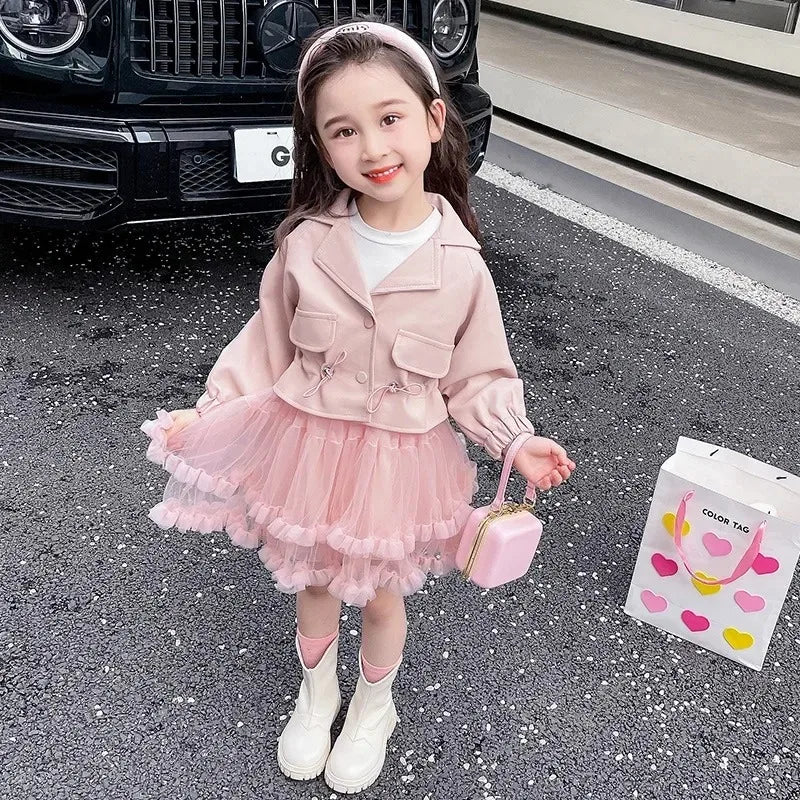 Girl Clothes Suit Autumn 2023 New Baby Foreign Style Small Fragrant Wind Leather Coat Dress Two-piece Set Kid Clothes Suit