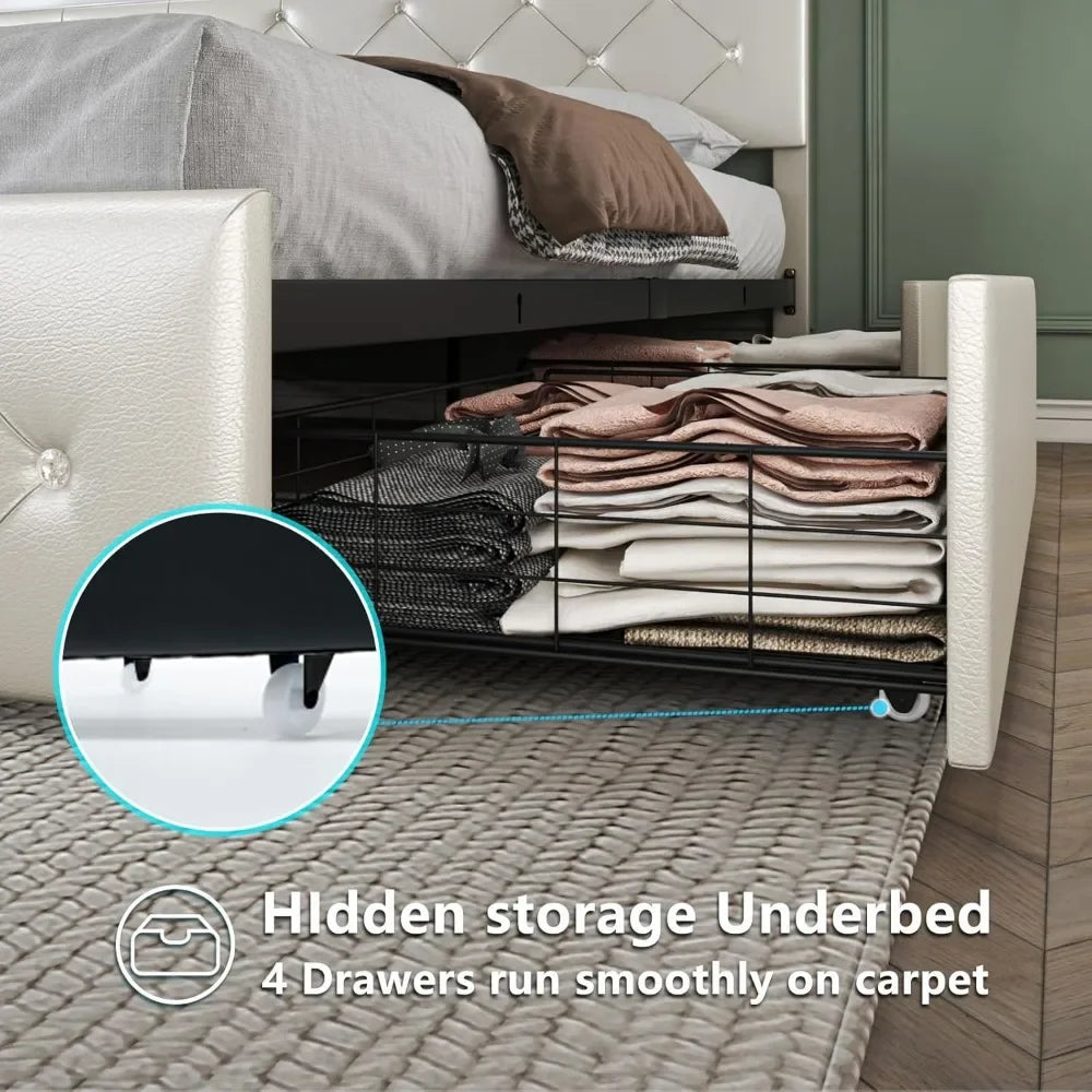 Bed Frame with Storage Drawers and LED Light