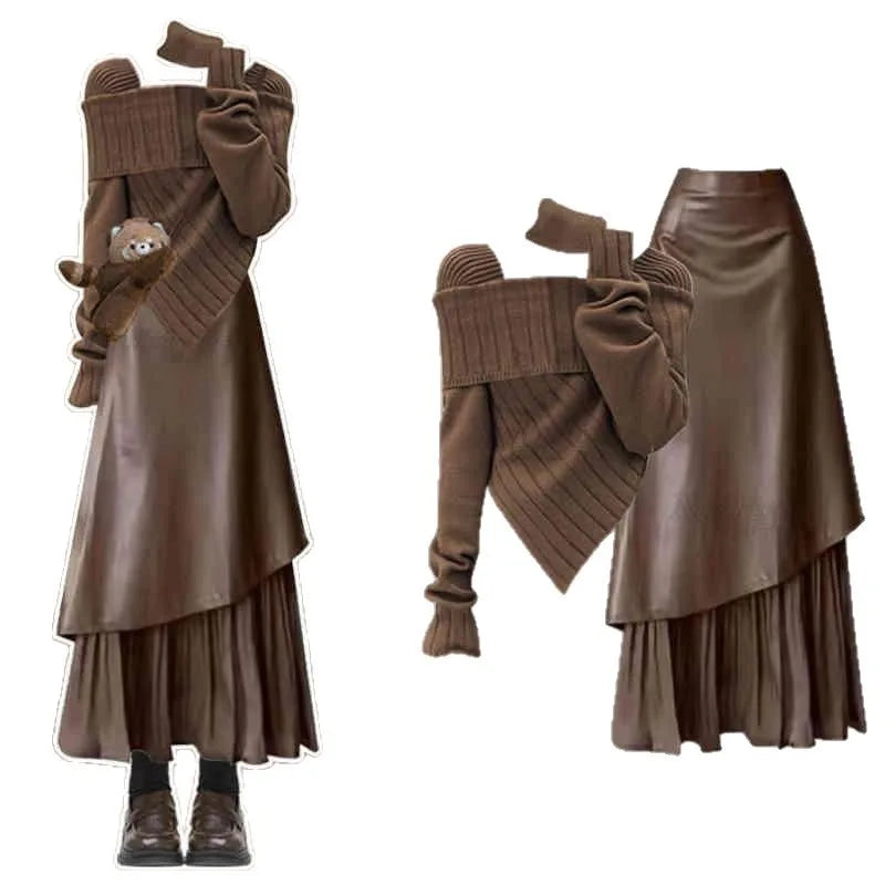 Scarf Slim Knitted Sweater+Irregular Half Skirt Two Piece Set