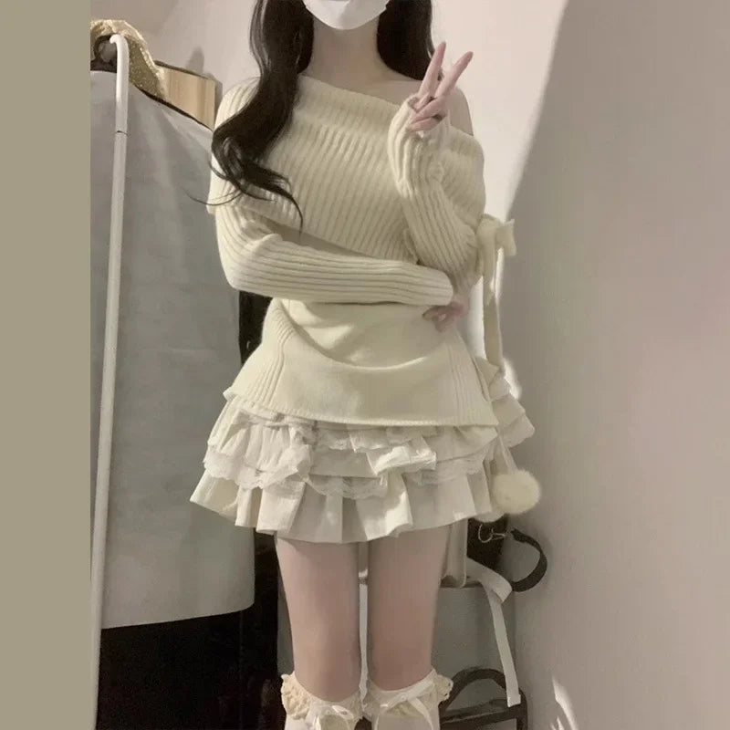 Knit Top Off-Shoulder Bow Design Petite Inner Sweater Base Layer Outerwear