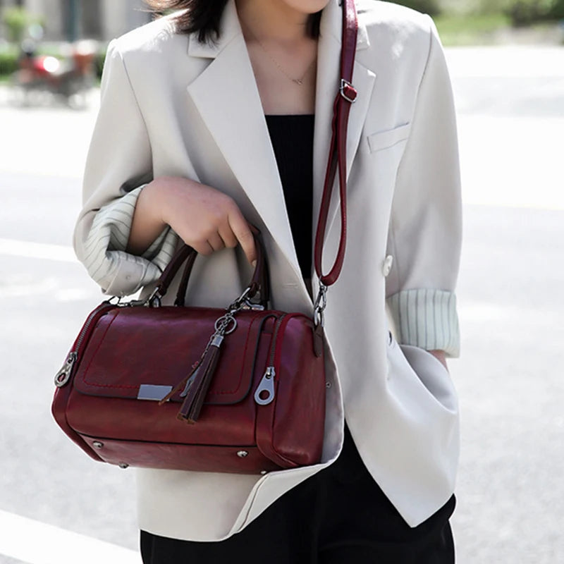 Textured Crossbody Satchel with Tassel Charm