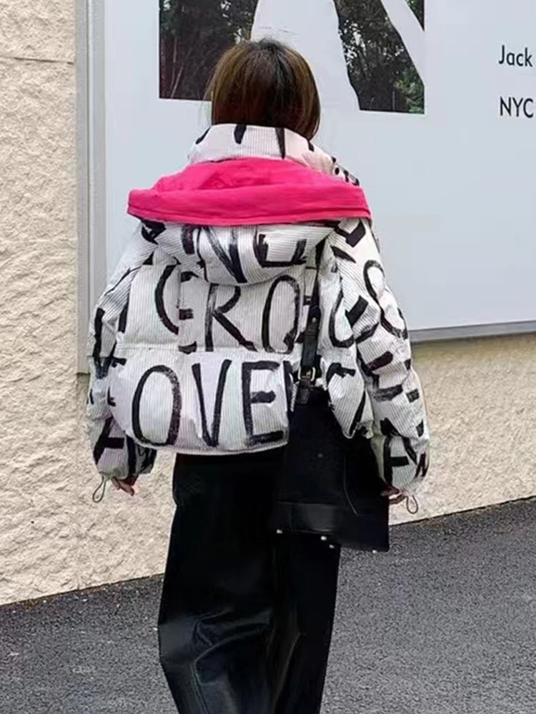 Letter Print Street Short Hooded Coat White Duck Down Jacket