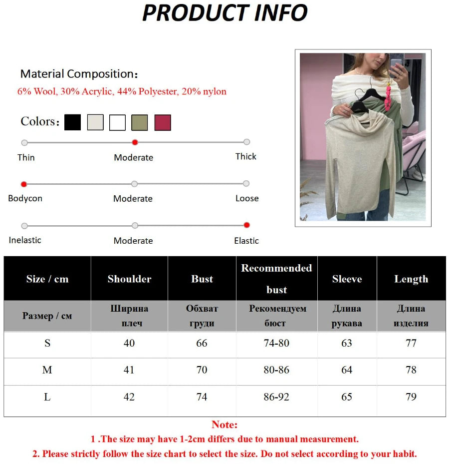Women Knitted Wool T-shirt Slim Fit Long Sleeve Autumn Winter Chic Off Shoulder Basic Sweater Streetwear Pullovers