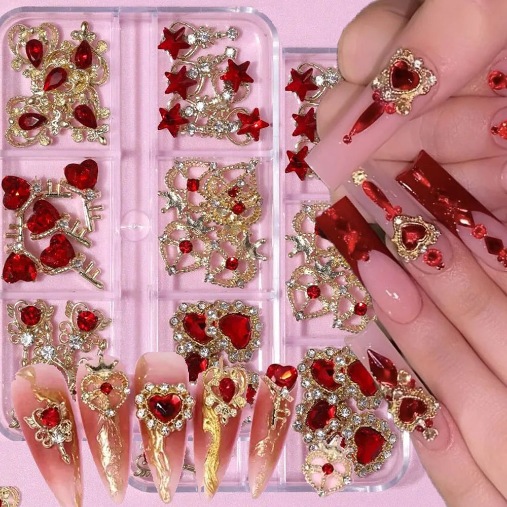 30Pcs-6gGrids Luxury Sailor&Moon 3D Red Crystal Nail Charms Gold Alloy Metal Love-Heart Diamond Nail Decor DIY Manicure Jewelry