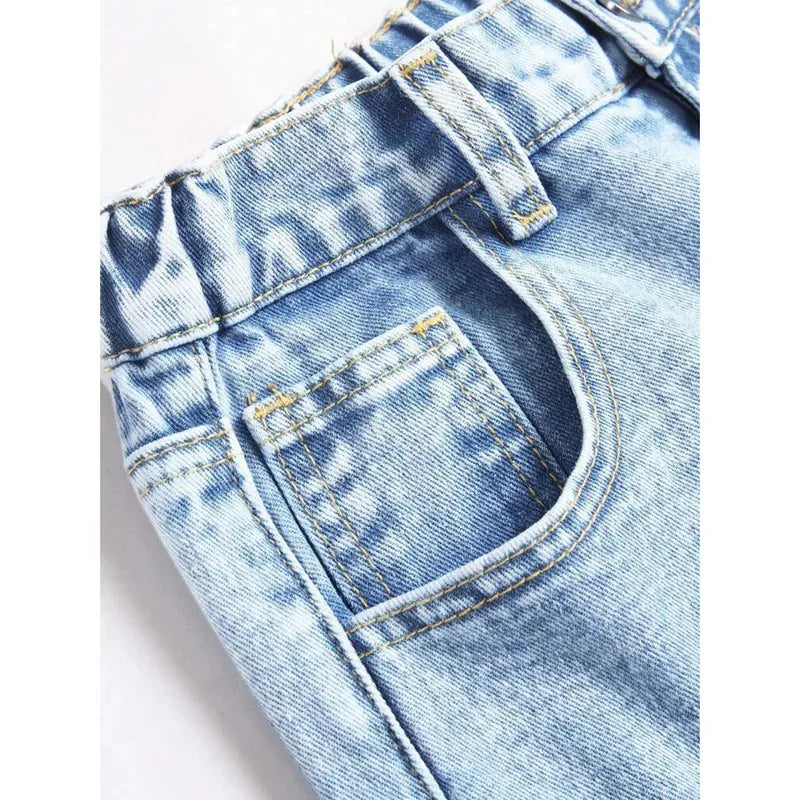 Embroidery High Waist Distressed Washed Jeans