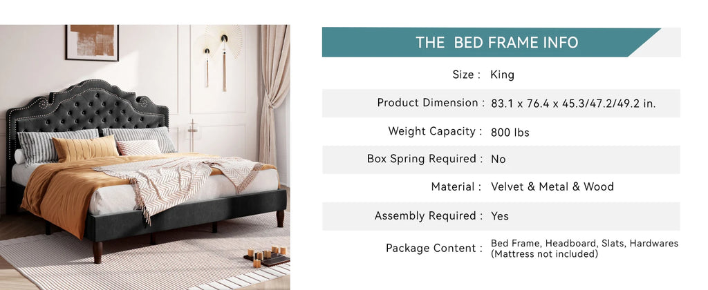 Bed Frame with Adjustable Velvet Tiara Headboard