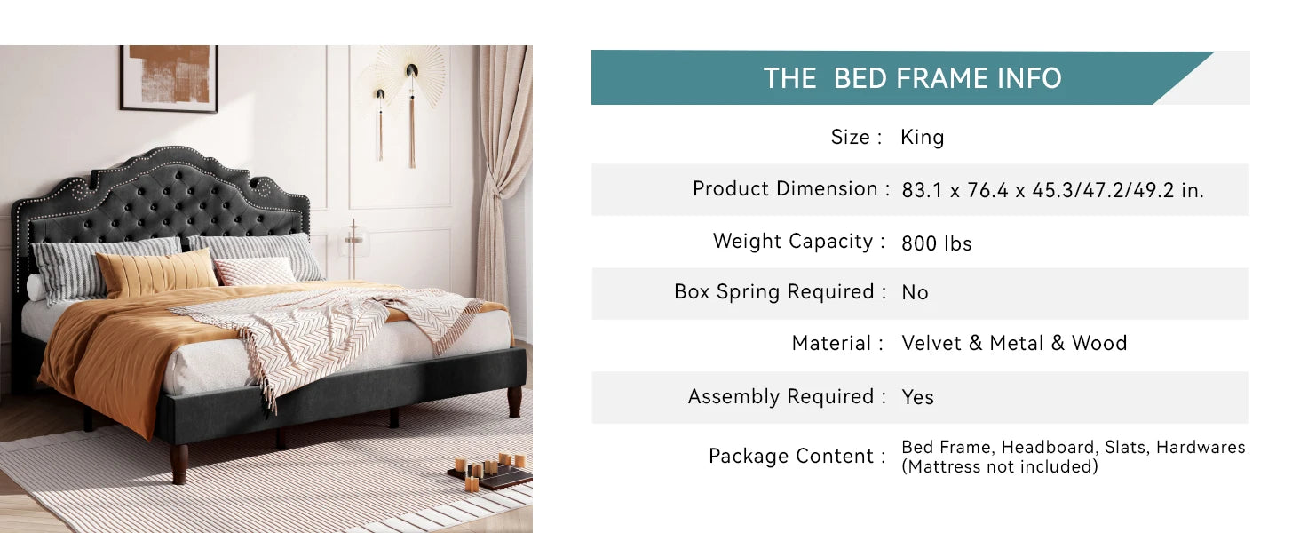 Bed Frame with Adjustable Velvet Tiara Headboard