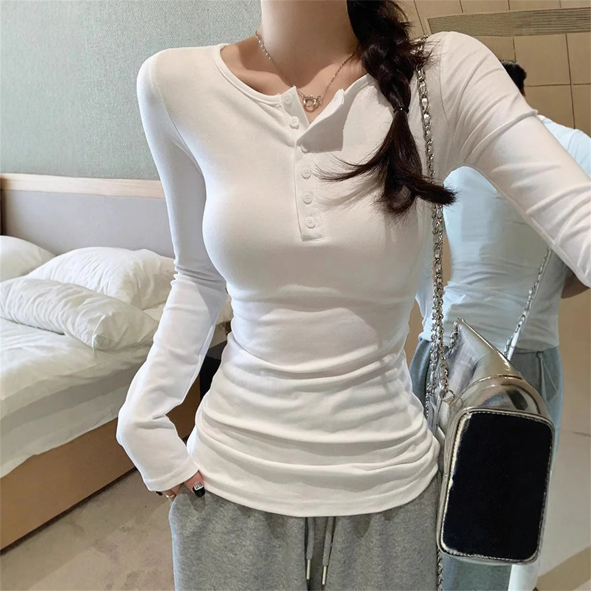 Slim Long Sleeve Shirts Button Solid Pullover Top