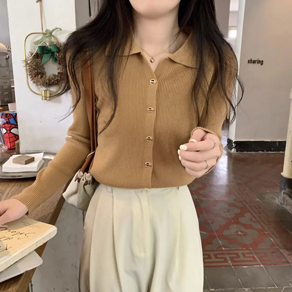 Autumn Elegant Fashion Solid Knit Cardigan Women Clothing Chic Turn-down Collar Long Sleeve Sweater All-match Elegant Button Top