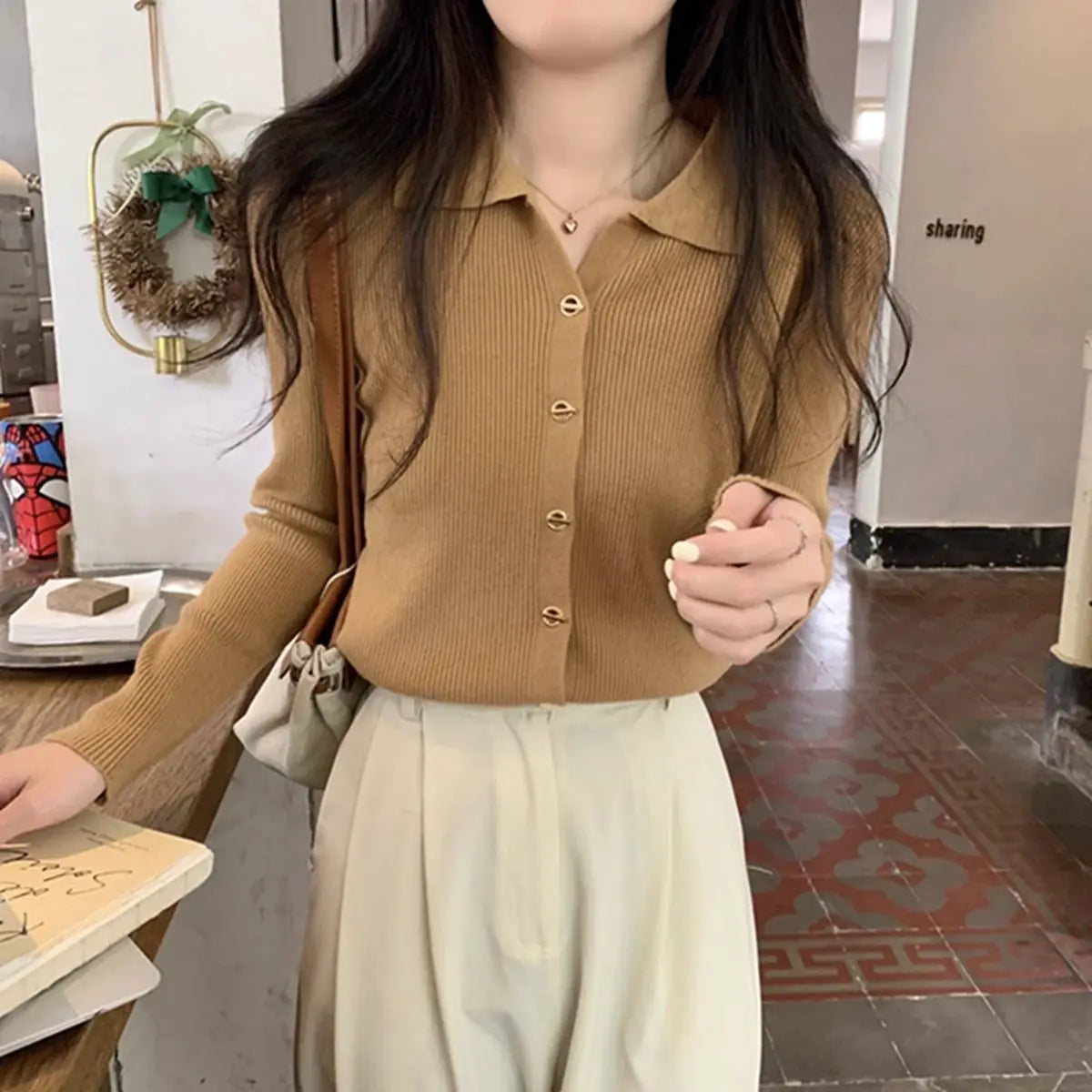 Autumn Elegant Fashion Solid Knit Cardigan Women Clothing Chic Turn-down Collar Long Sleeve Sweater All-match Elegant Button Top