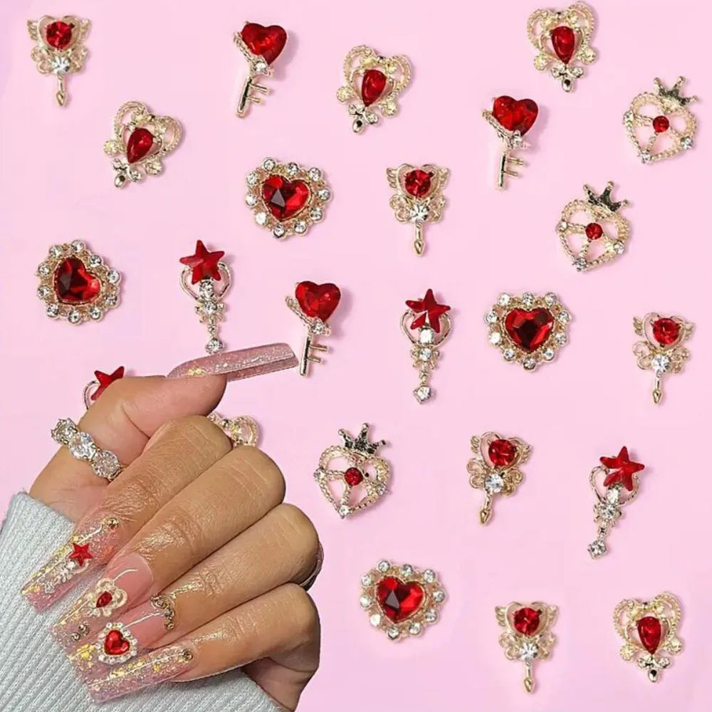30Pcs-6gGrids Luxury Sailor&Moon 3D Red Crystal Nail Charms Gold Alloy Metal Love-Heart Diamond Nail Decor DIY Manicure Jewelry