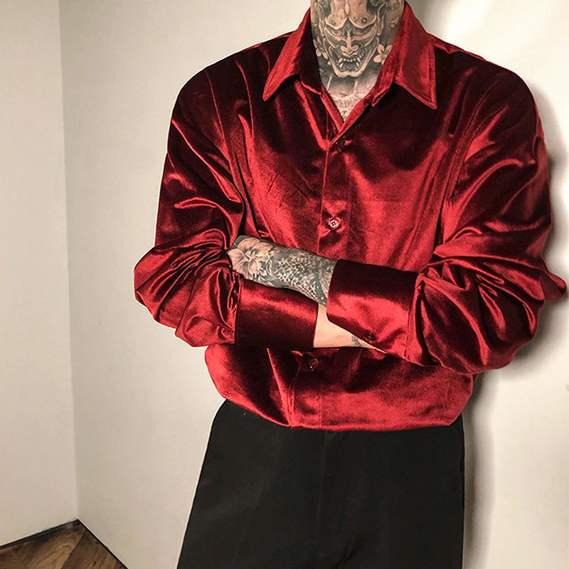 Velvet Solid Color Turn-Down Collar Buttoned Casual Shirt
