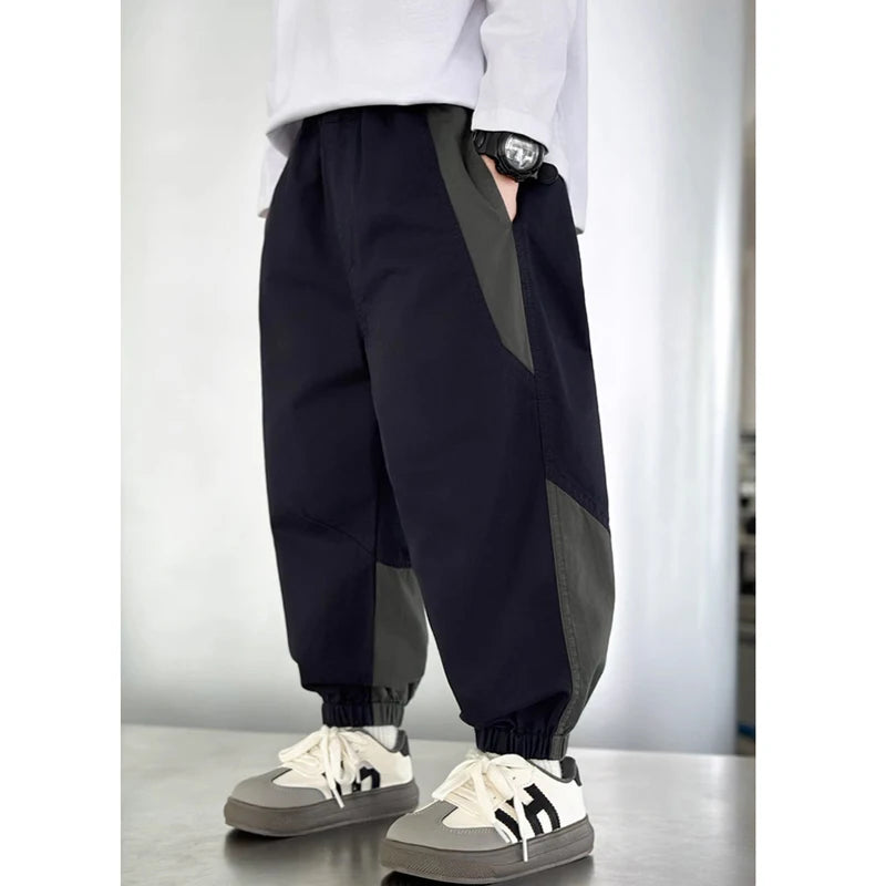 New Spring Autumn Fashion Splicing Style Boys Pants Loose Patchwork Sport Overalls Cargo Trousers For 4-14 Years Old Kids
