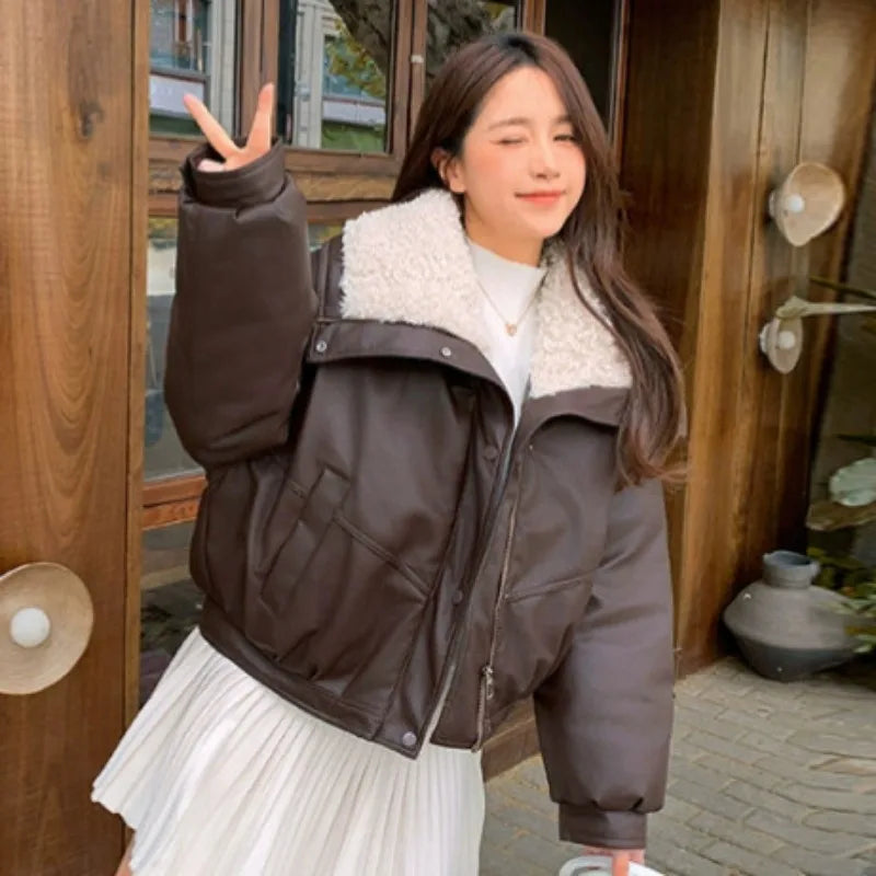 Fleece Thicken Warm Short Shearling PU Leather Jacket