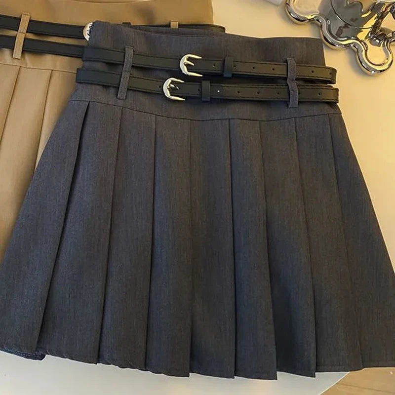 Double Belt Pleated Skirt
