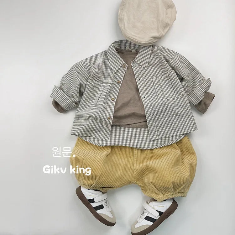 2025 Spring New Children Long Sleeve Lapel Plaid Shirts Infant Boys Vintage Casual Coat Toddler Girls Pocket Tops Kids Clothes