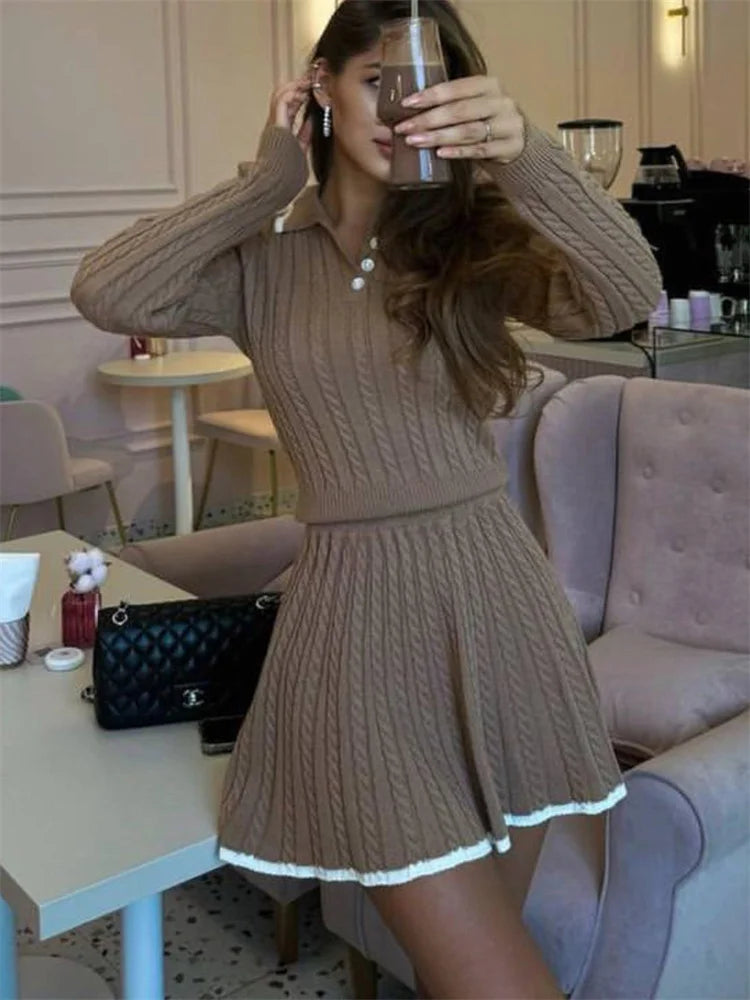 Patchwork Contrast Long Sleeve Lapel Pullover And High Waist Mini Skirt Outfit