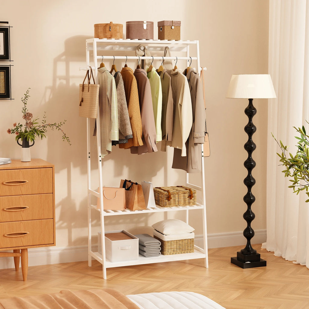 Free Standing Garment Rack Heavy Duty Bamboo Clothes Hanging Stand with Storage Shelves and Hooks