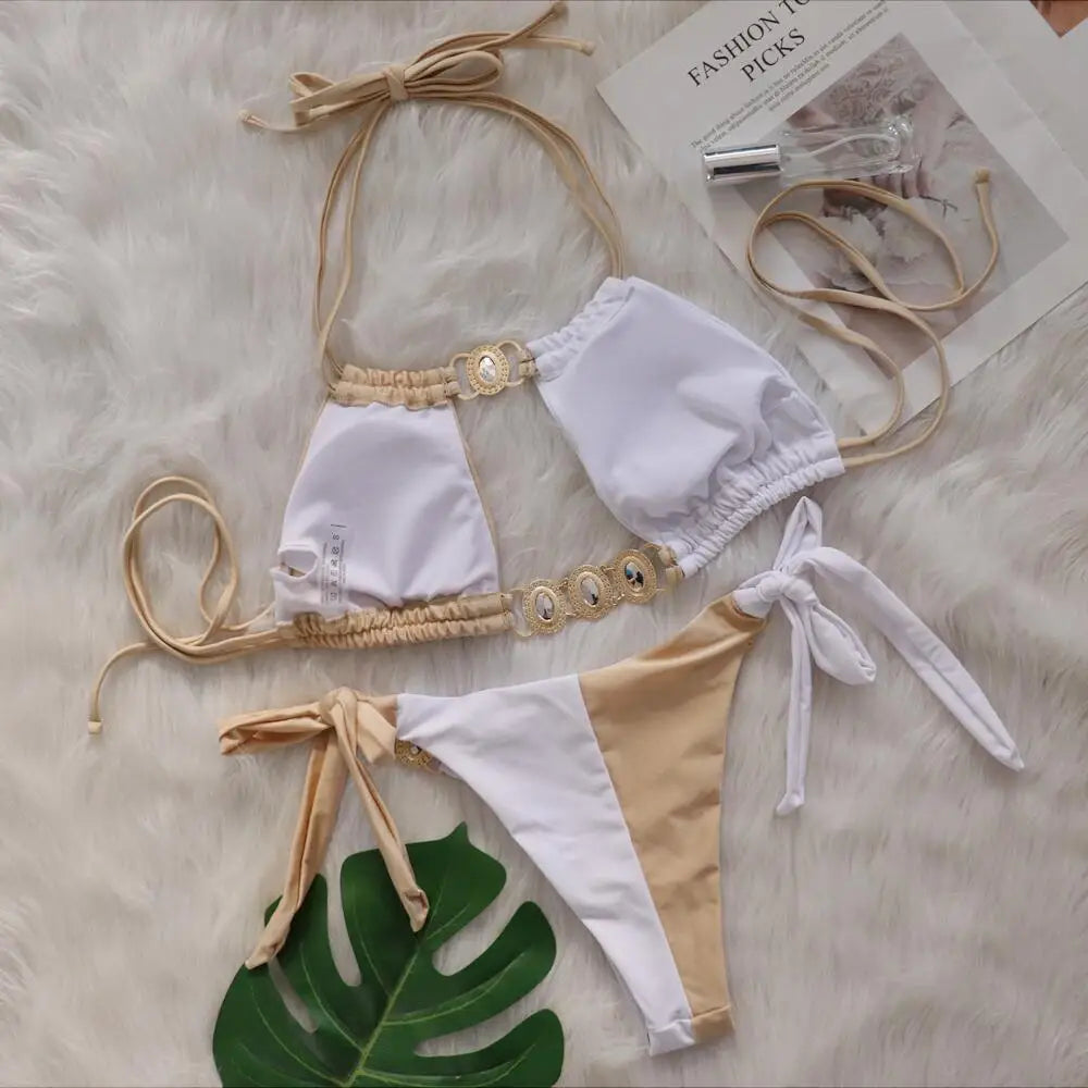 Rhinestones Splicing Bikini Set