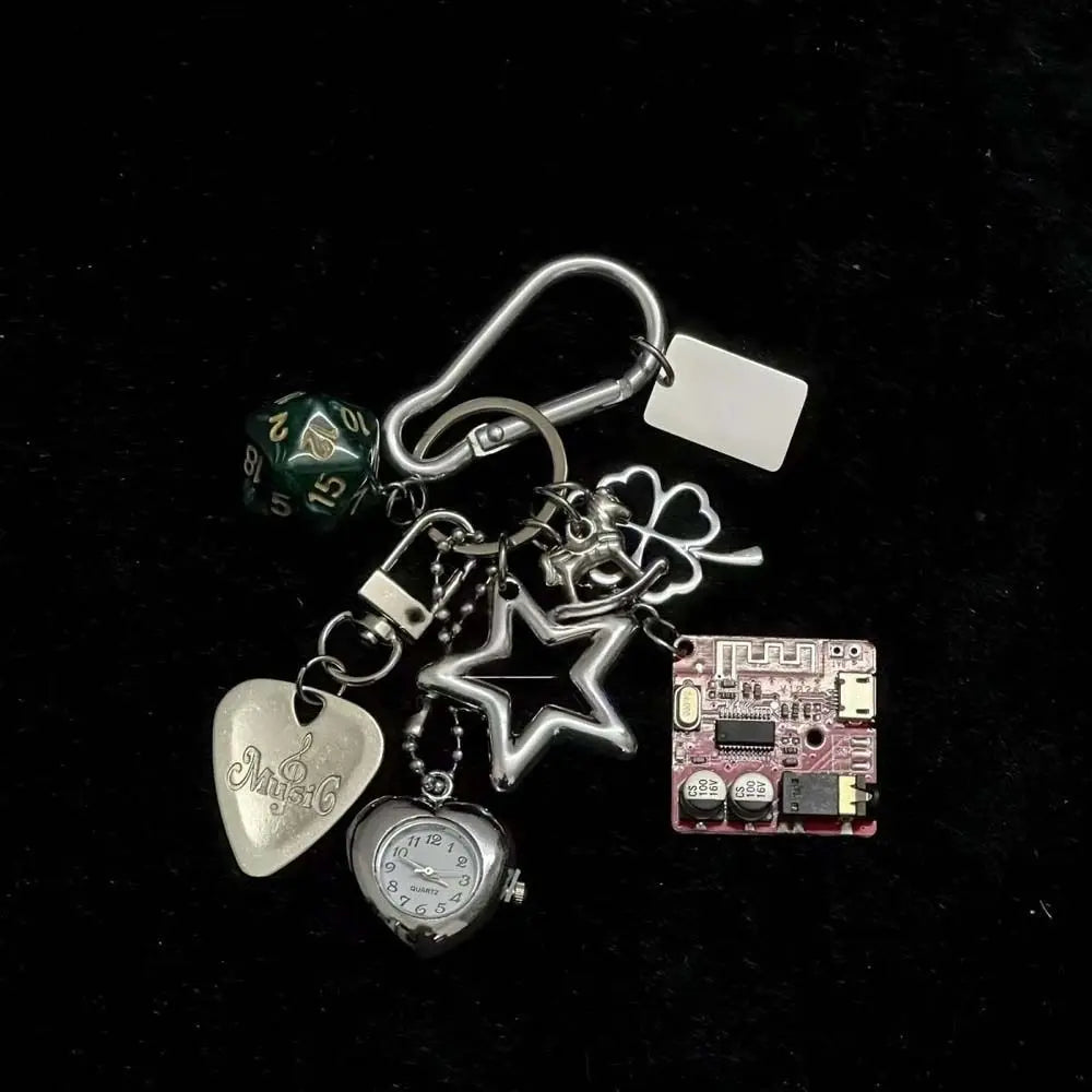 Mechanical Elements Pocket Watch Pendant Guitar Pick Couple Style Handmade Keychain