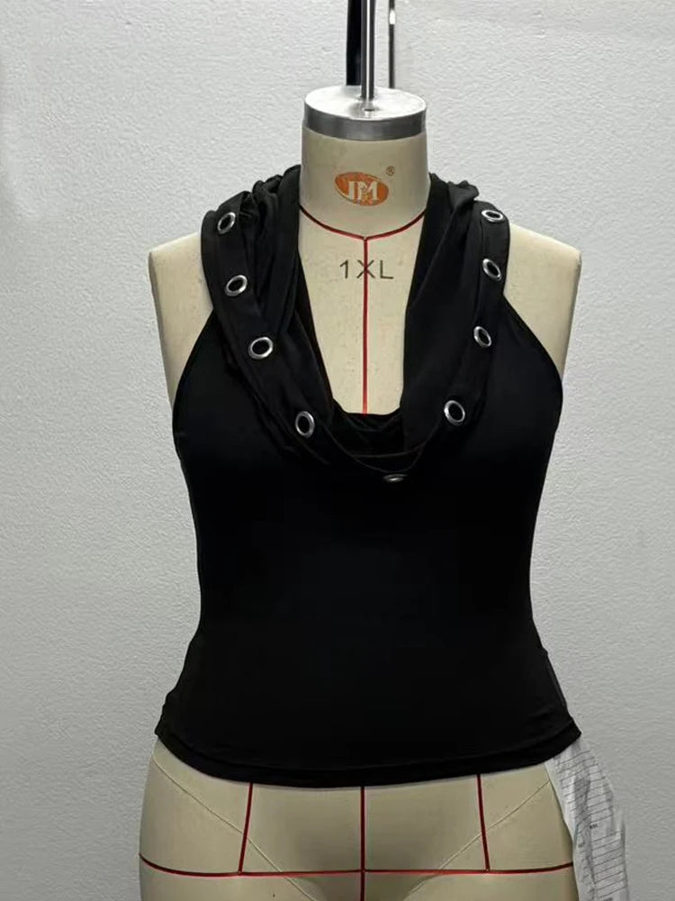 Hooded With Metal Rings Sleeveless Top