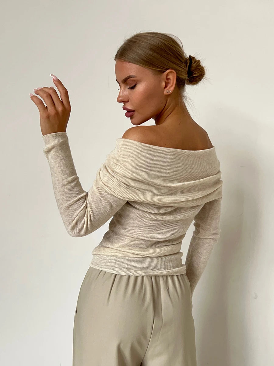 Women Knitted Wool T-shirt Slim Fit Long Sleeve Autumn Winter Chic Off Shoulder Basic Sweater Streetwear Pullovers