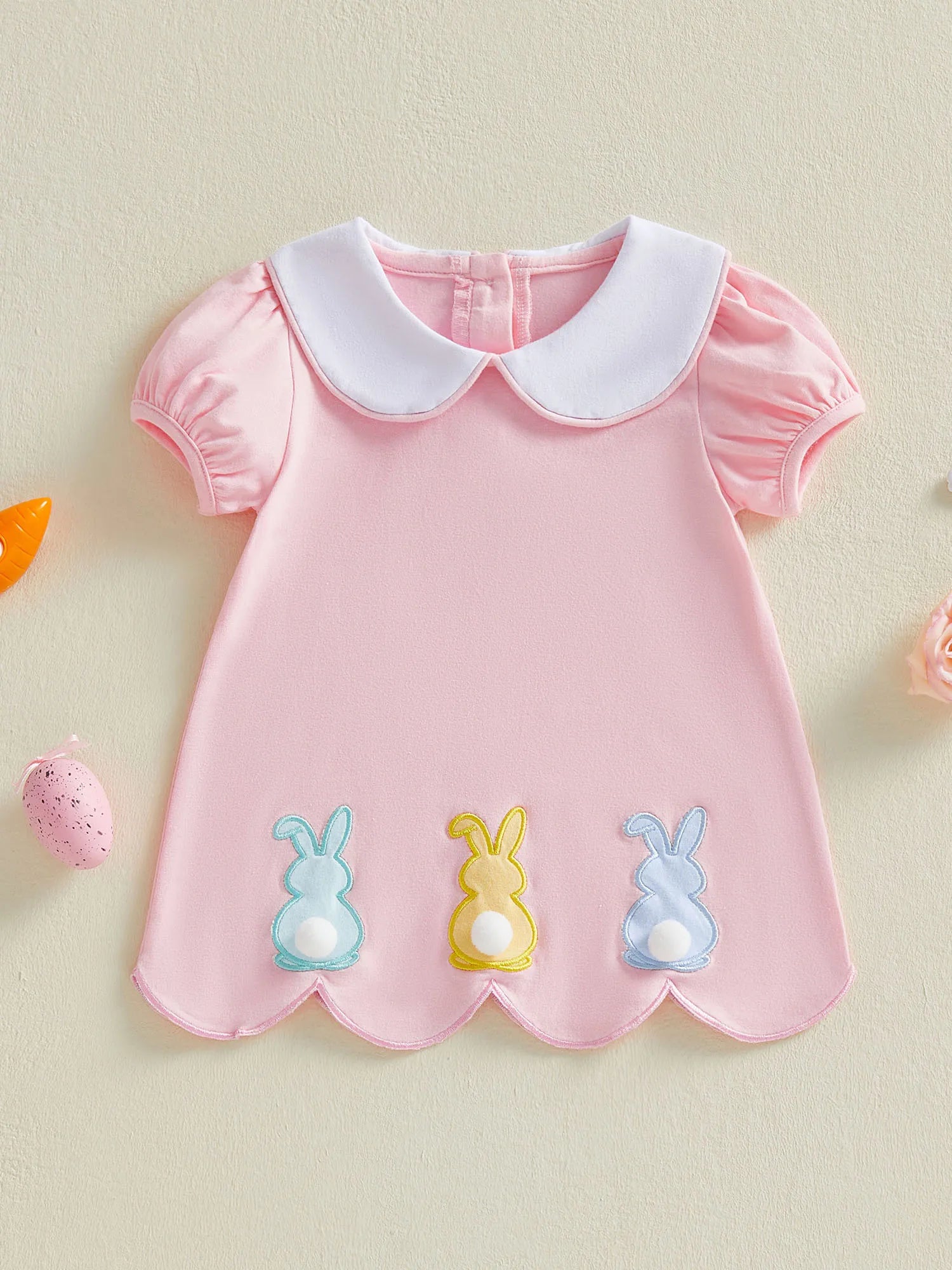 Puff Short Sleeve Doll Collar Rabbit Embroidery Plush Ball Decor A Line Dress