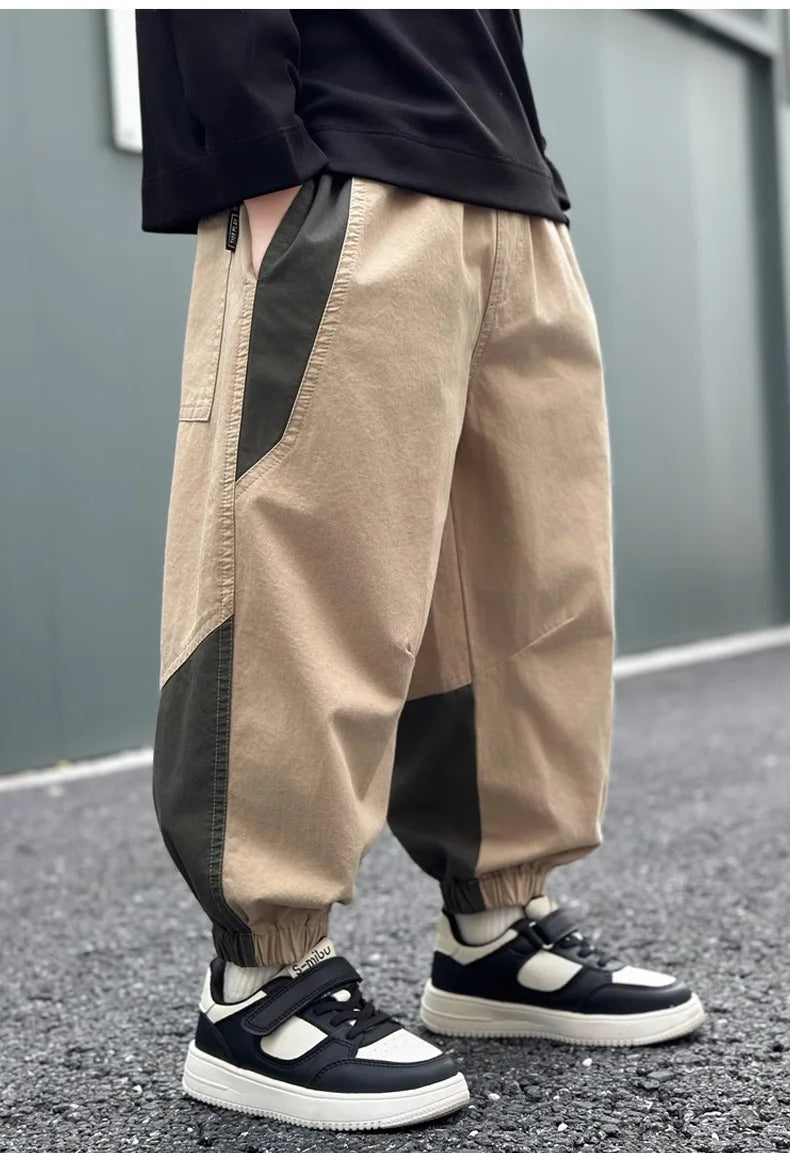 New Spring Autumn Fashion Splicing Style Boys Pants Loose Patchwork Sport Overalls Cargo Trousers For 4-14 Years Old Kids