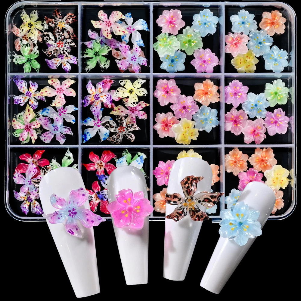 5D Gradient Cherry&Lily Blossom Flowers Nail Charms 8x10mm Mixed Ice-Crystal Lily Floret Nail Decor Gradient Flowers Nail Part