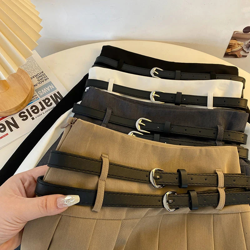 Double Belt Pleated Skirt