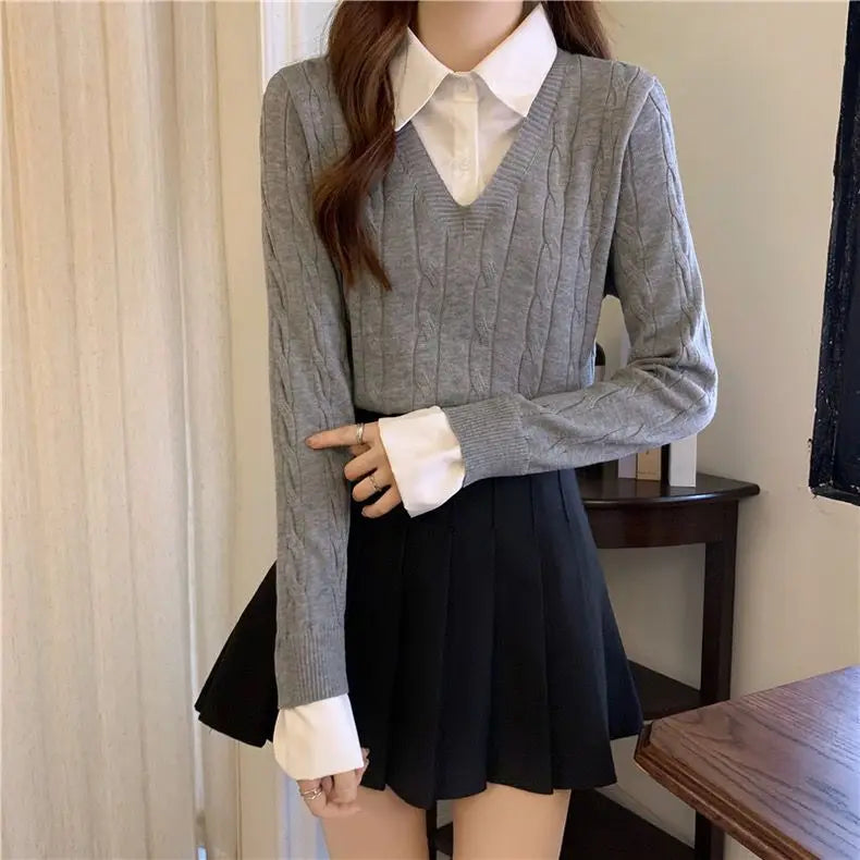 Fake Two Shirts, Knitted Sweater Women's Autumn/winter New Item Shirt Collar Niche Sweater Long Sleeved Top Inner Layer as Base