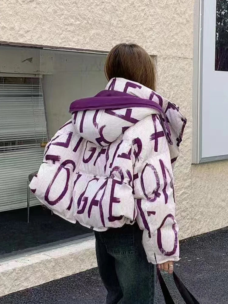 Letter Print Street Short Hooded Coat White Duck Down Jacket