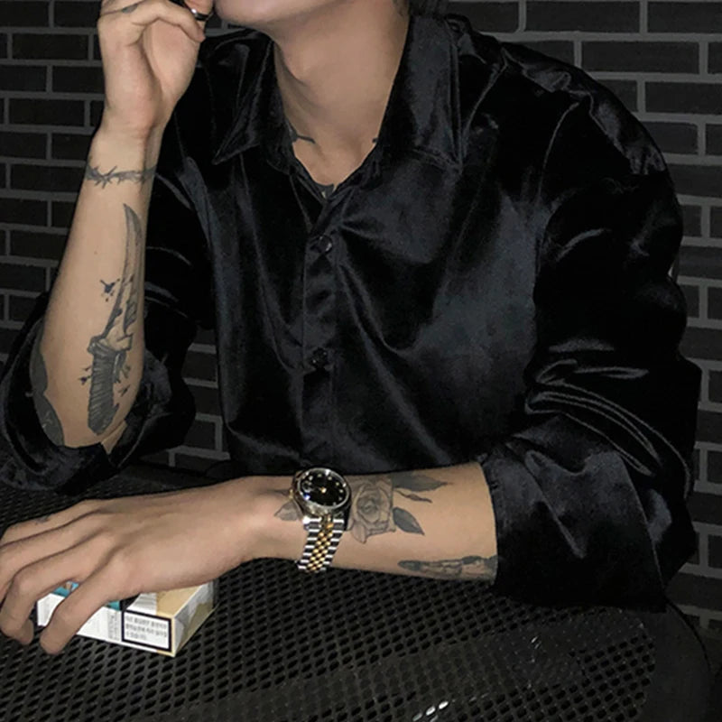Velvet Solid Color Turn-Down Collar Buttoned Casual Shirt