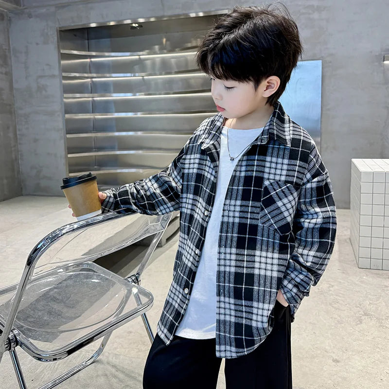 Classic Design Boys Girl Long Sleeve Plaid Shirt Clothes Teenage Kids School Shirts Blouse Children Casual Spring Autumn Clothes