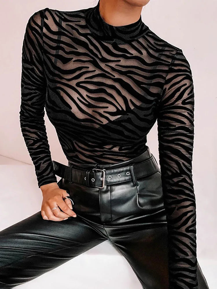 Black Mesh Transparent Zebra Bodysuit Long Sleeve Mock Neck Casual Bodysuit