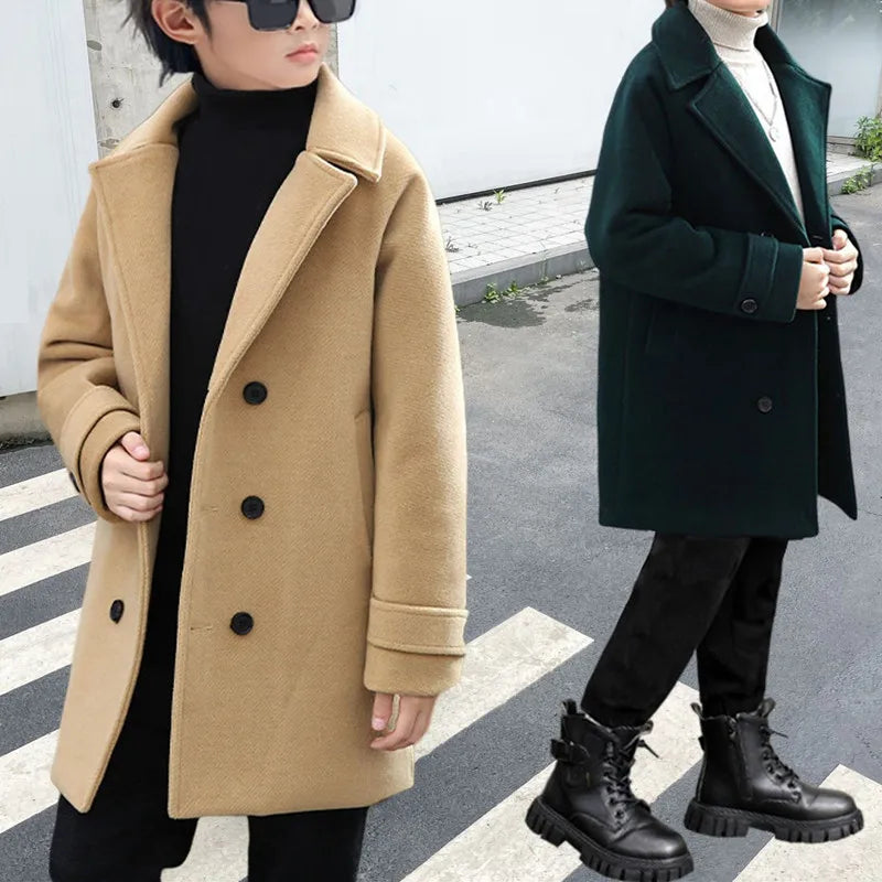 Boys Autumn Winter Double-breasted Coat Kids Solid Woolen Jacket Children Outerwear Toddler Teenager Overcoat 6 8 10 12 14 Years