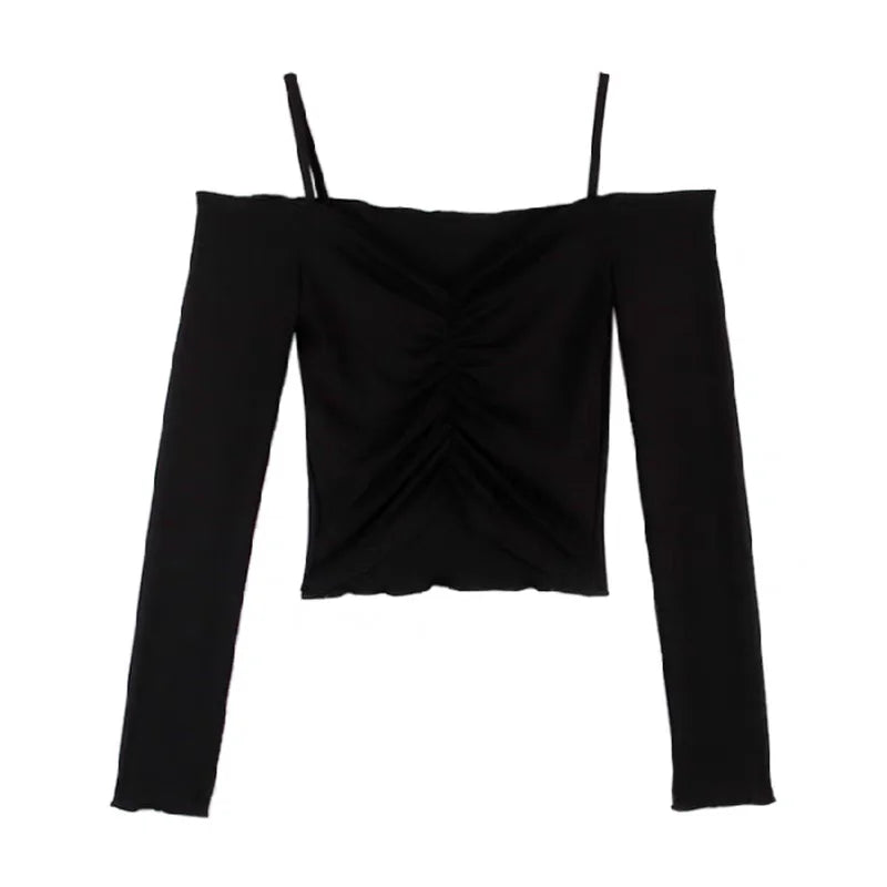 Women Off Shoulder Crop Tops Autumn Long Sleeve Corset Y2k Spice Girls Tops Korean Thin Black Slim Fit T-Shirt Lady Sexy Clothes