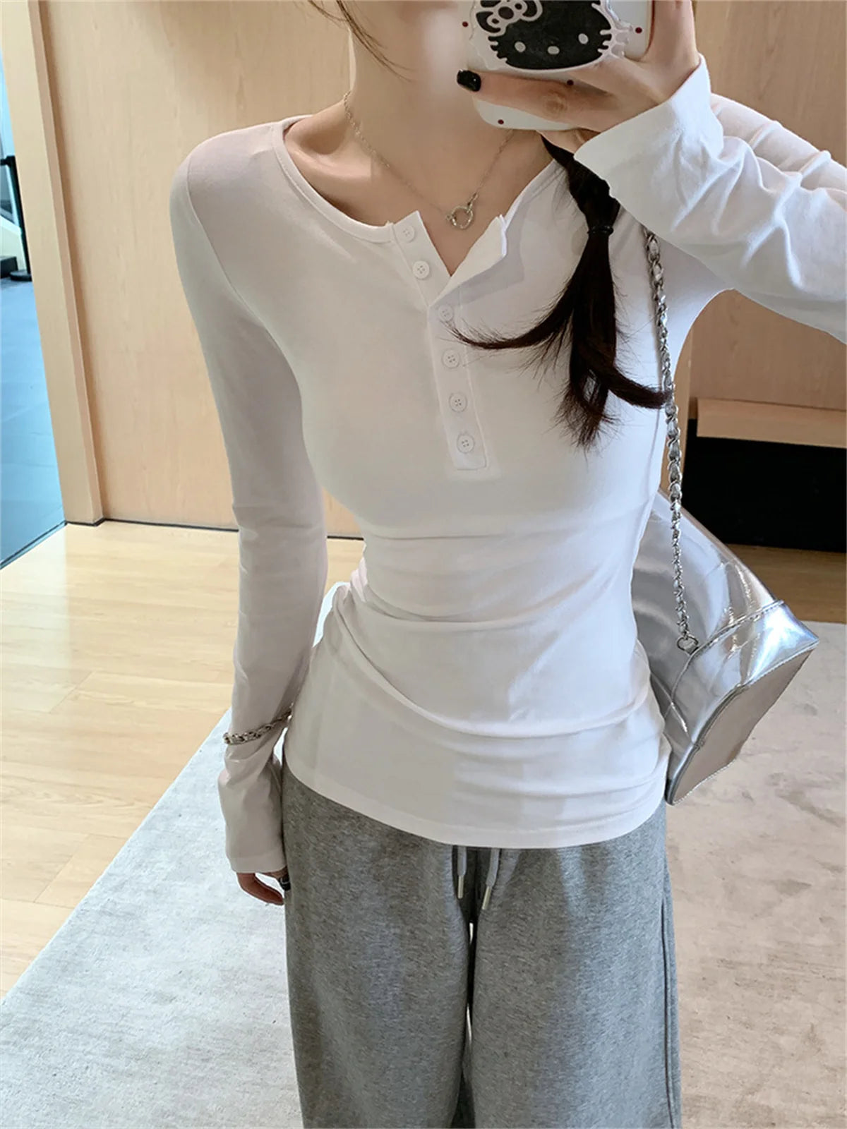 Slim Long Sleeve Shirts Button Solid Pullover Top