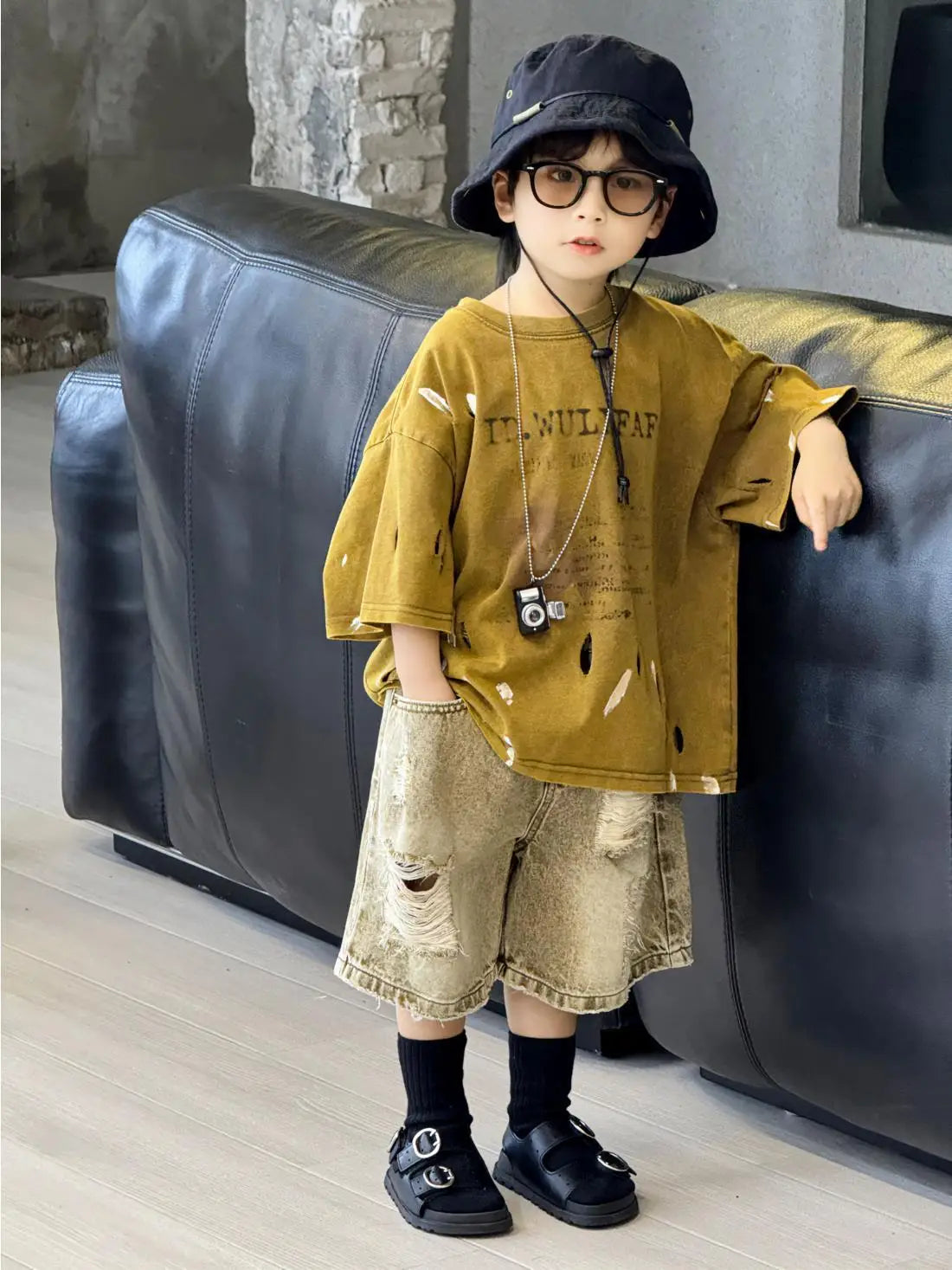 100-150cm Boys' clothing set summer new style children's ripped denim shorts tie dye short sleeved T-shirt 2-piece set