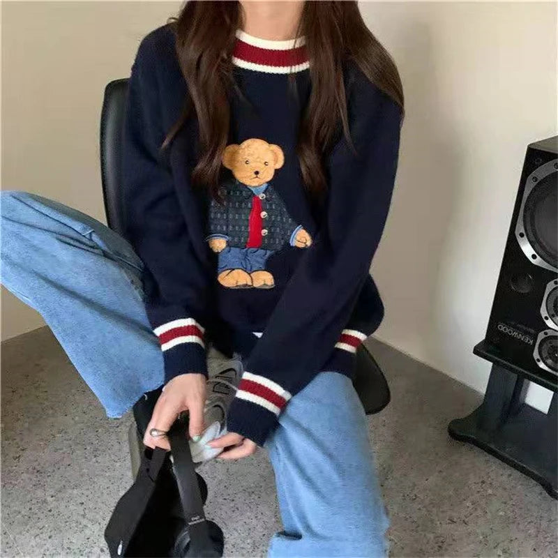 2025 Autumn Winter Women's Vest Japanese Style Cartoon Bear Pullover Vest Sweater Oversize Harajuku Kawaii Clothes Knitted Vest