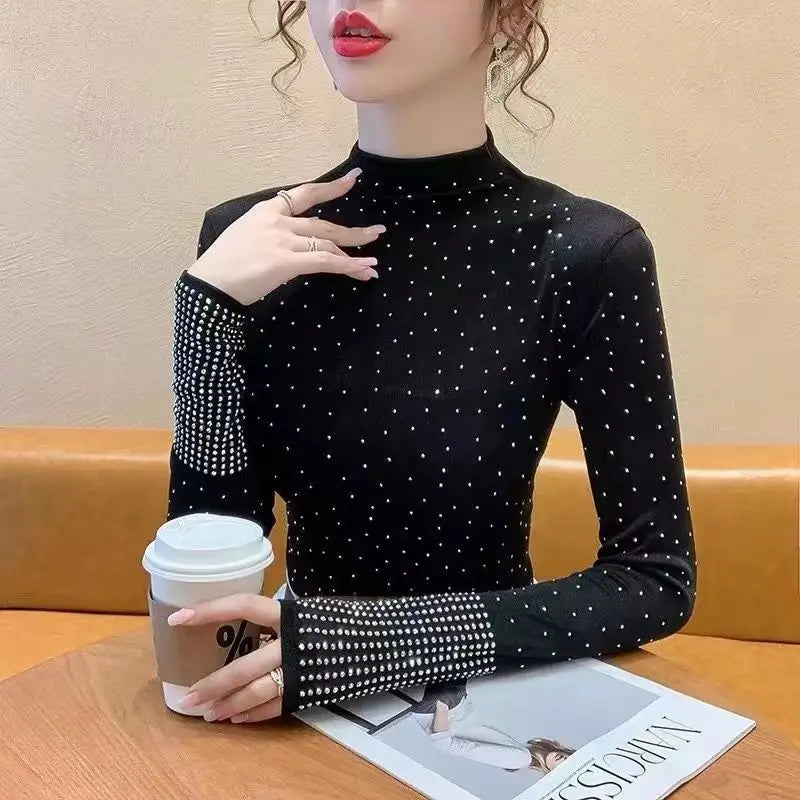 Rhinestone Half High Collar Basic T-Shirt