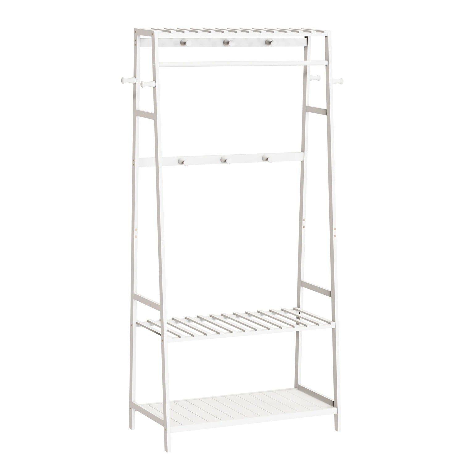 Free Standing Garment Rack Heavy Duty Bamboo Clothes Hanging Stand with Storage Shelves and Hooks