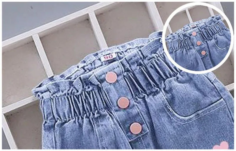 Korean version Children's Jeans 2026 Spring Autumn Season New Girls' High Waist Elastic Love Cat Printed Jeans Infant Pants