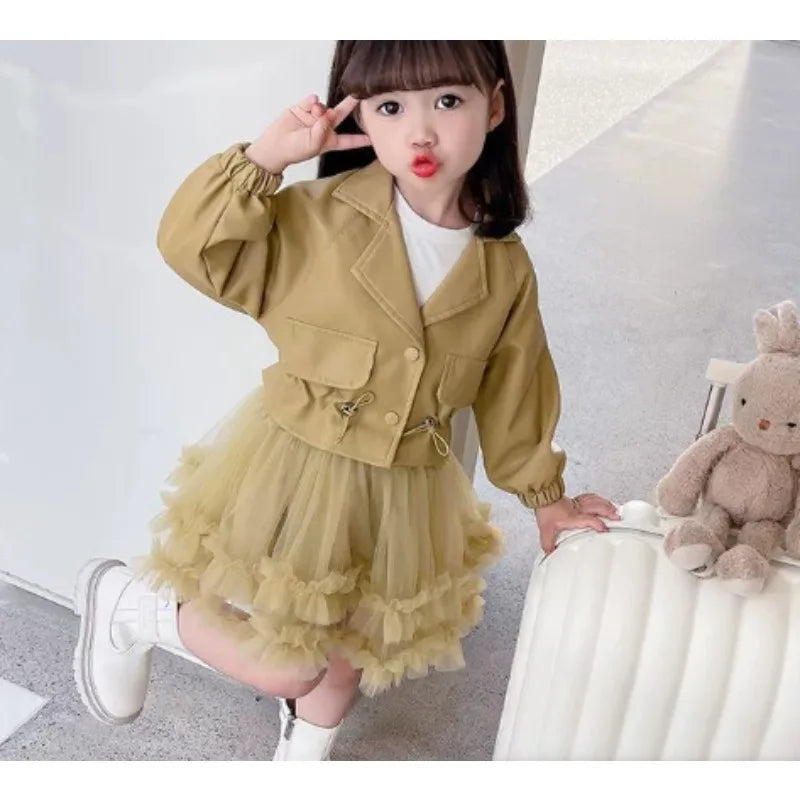 Girl Clothes Suit Autumn 2023 New Baby Foreign Style Small Fragrant Wind Leather Coat Dress Two-piece Set Kid Clothes Suit