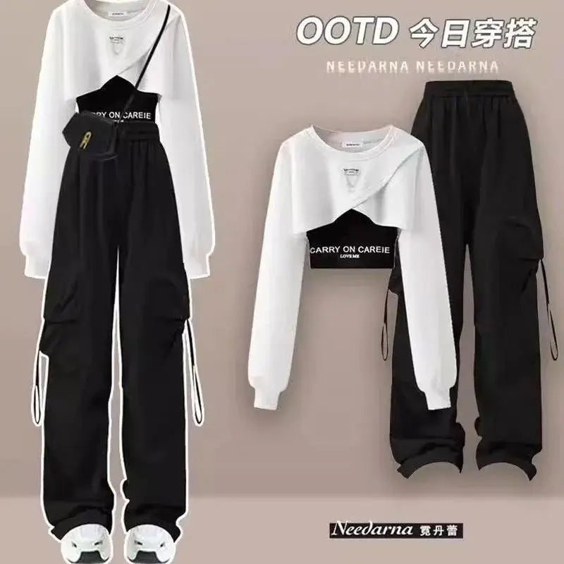 Loose Design Casual Top + Suspender + Wide Leg Pants Three Piece Set