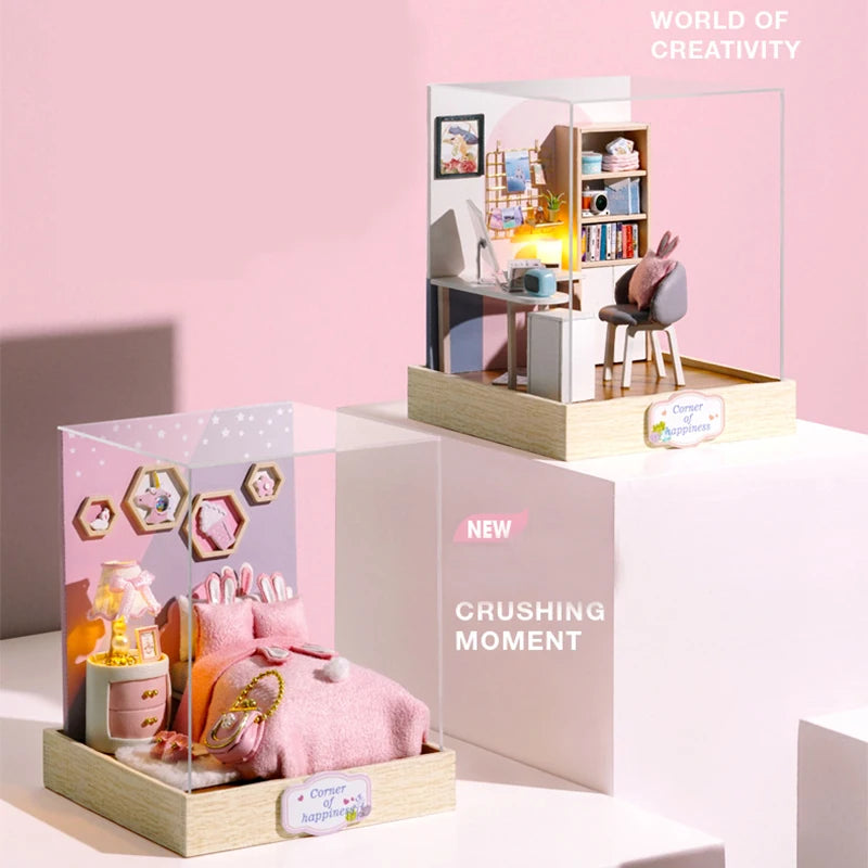 Wooden Miniature Doll House DIY Handmade Assembly Model Building Kit With Dust Cover