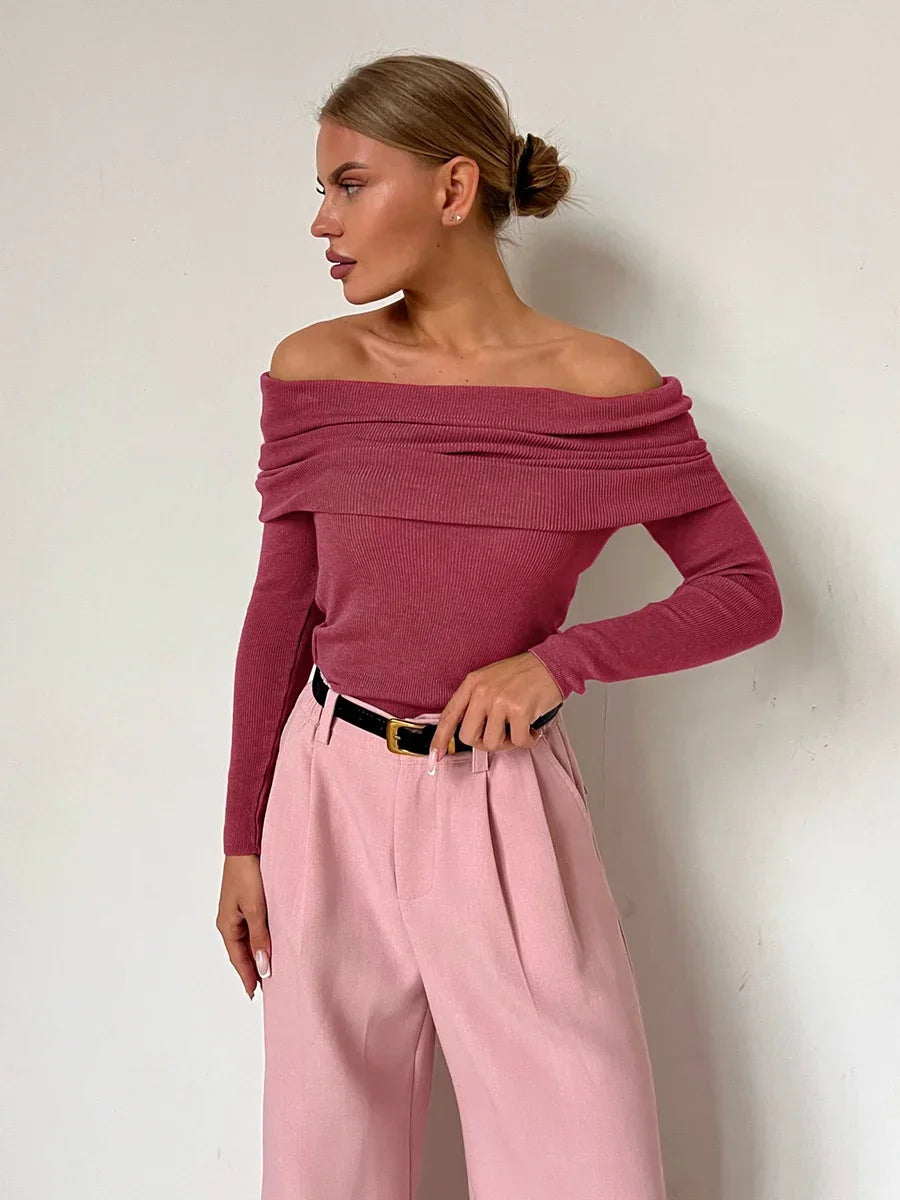 Women Knitted Wool T-shirt Slim Fit Long Sleeve Autumn Winter Chic Off Shoulder Basic Sweater Streetwear Pullovers
