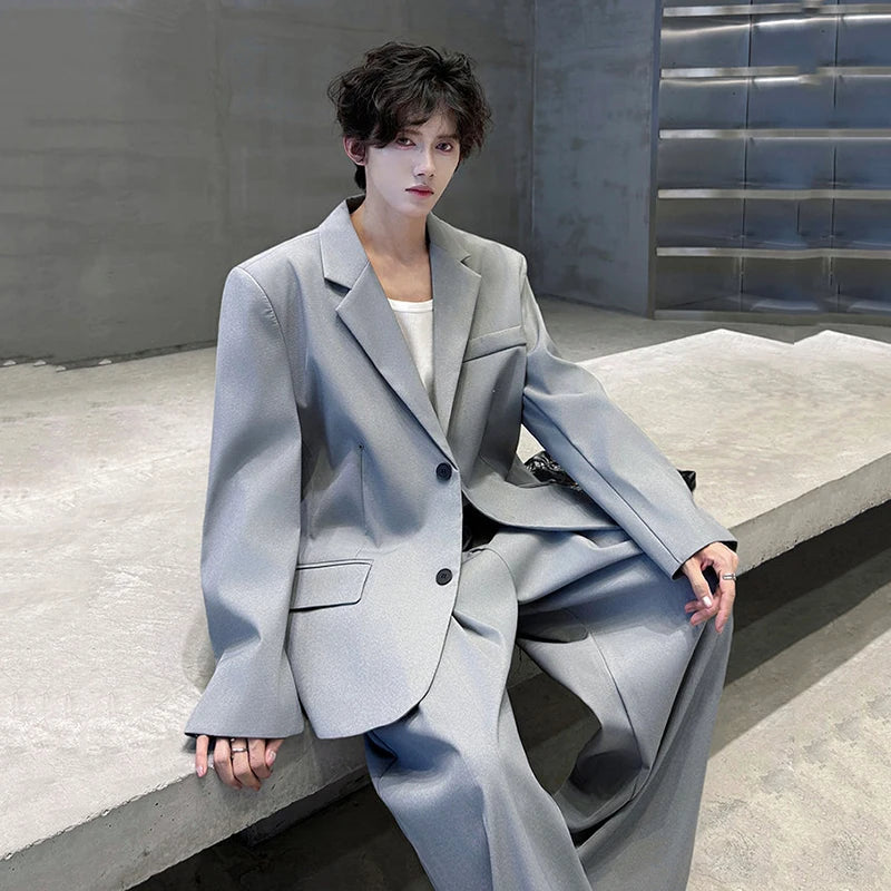 Two-Piece Single Breasted Casual Shoulder Pad Blazer Straight Suit