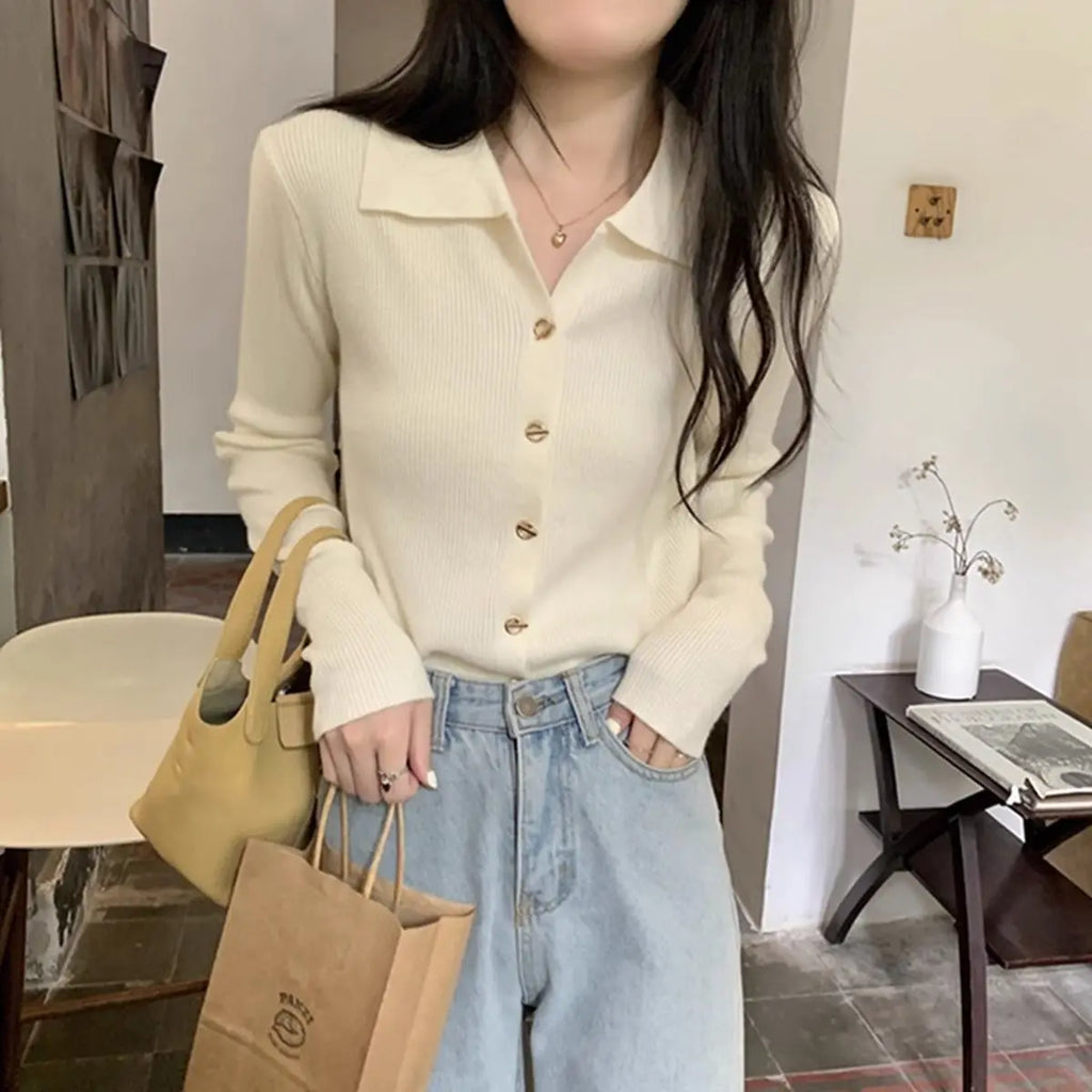 Autumn Elegant Fashion Solid Knit Cardigan Women Clothing Chic Turn-down Collar Long Sleeve Sweater All-match Elegant Button Top